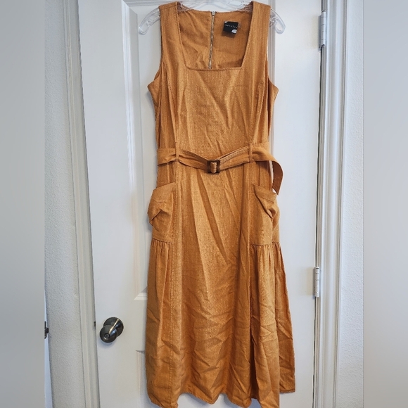 Maison Tara Orange Sleeveless Linen Square Neck Belted Dress size 12 - Picture 3 of 7